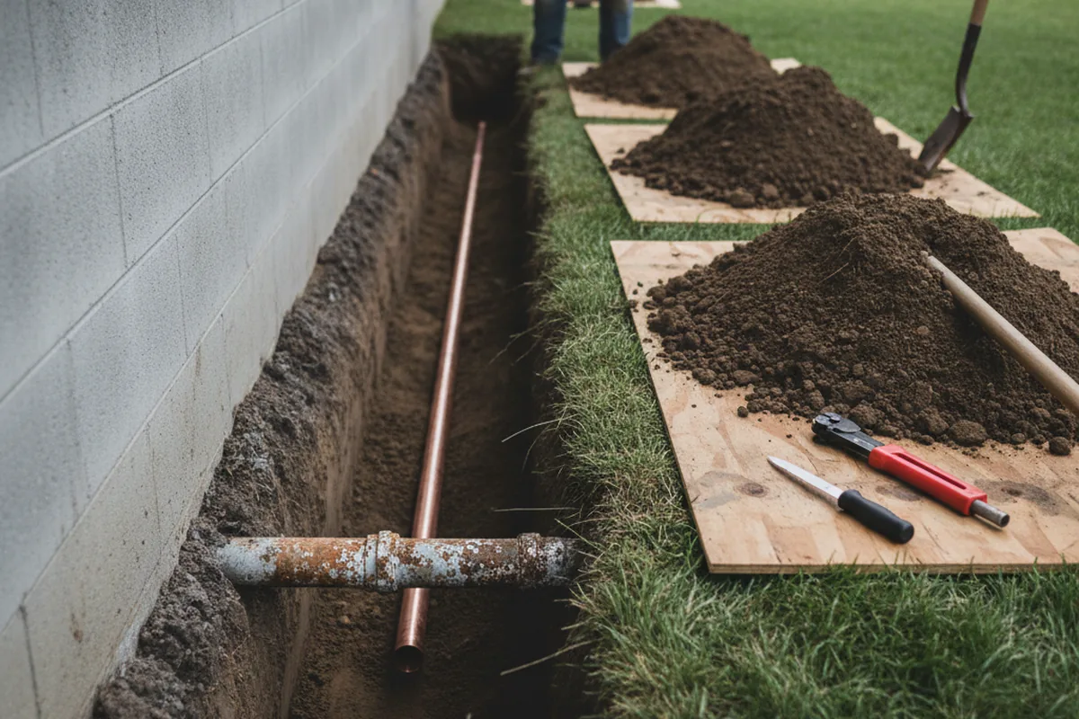 Excavated water line trench during Water Softener Installation in Assumption
